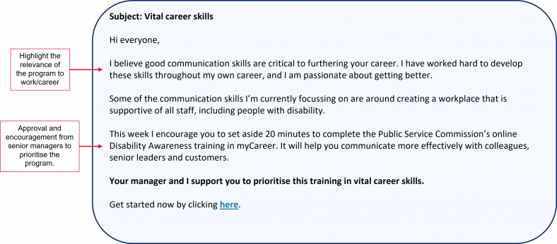 Email prompting staff complete disability awareness training with the aim of career development