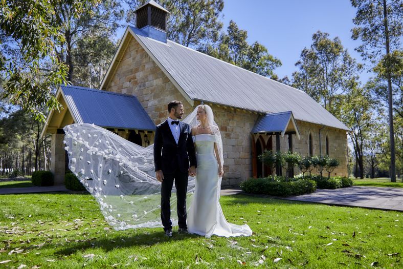 Bride and groom outside Hunter Valley wedding chapel