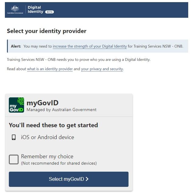 STS Online step two select myGovID as your Identity Provider