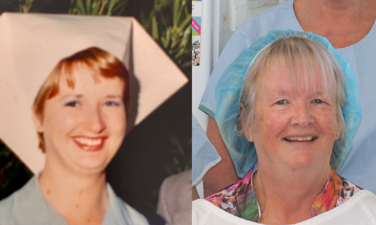 Two photos of same person side by side, as a young nurse, then older wearing blue cap