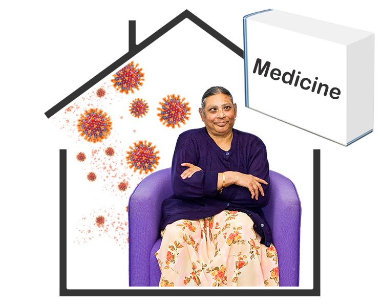 woman seated in chair with image inset of box of medicine