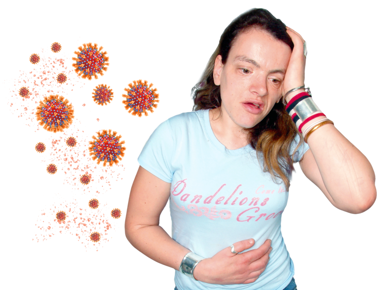 woman in t shirt feels sick with virus indicated