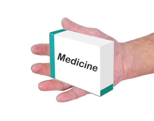 hand holding a box with the word medicine on it