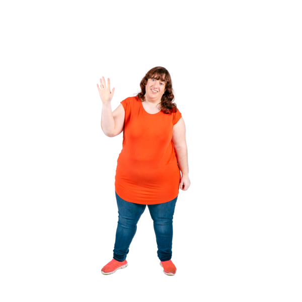 woman wearing orange shirt and jeans waving