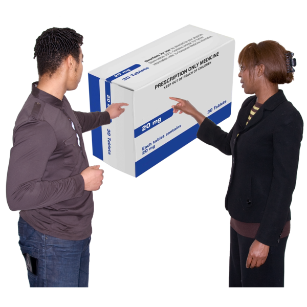 woman and man pointing to medicines box