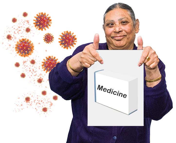 woman holding poster of a box of medicine