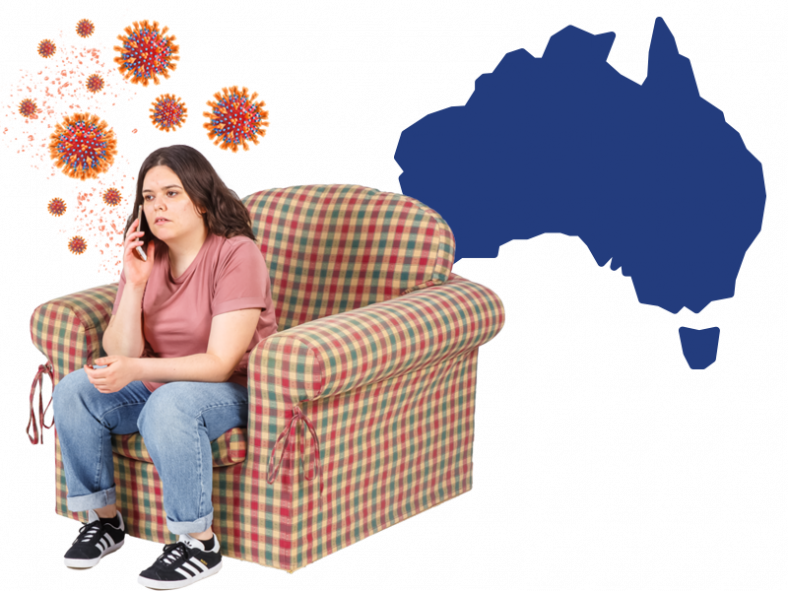 woman seated on couch with map of australia in background