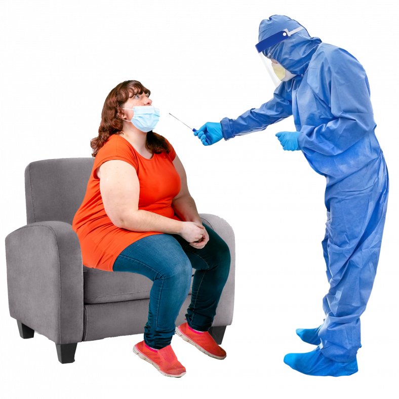 seated woman about to receive a PCR test from a health professional