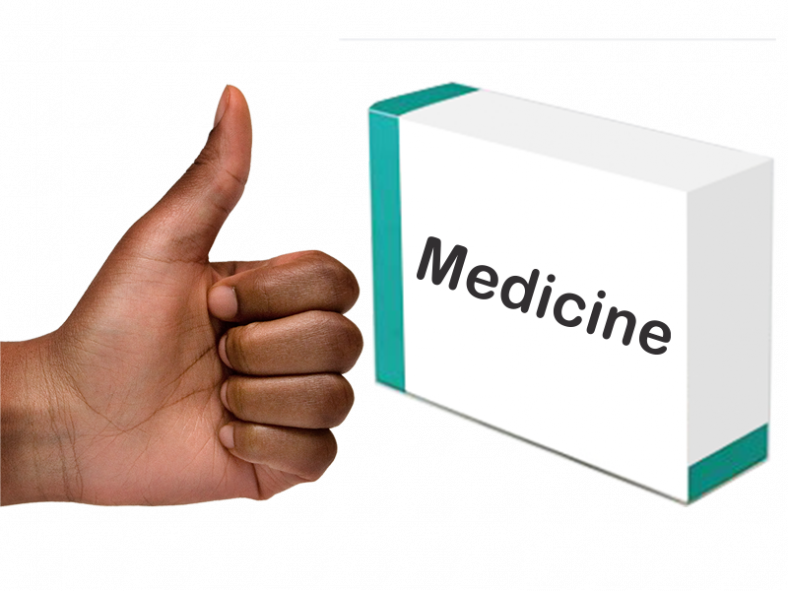 box of medicine next to image of thumbs up