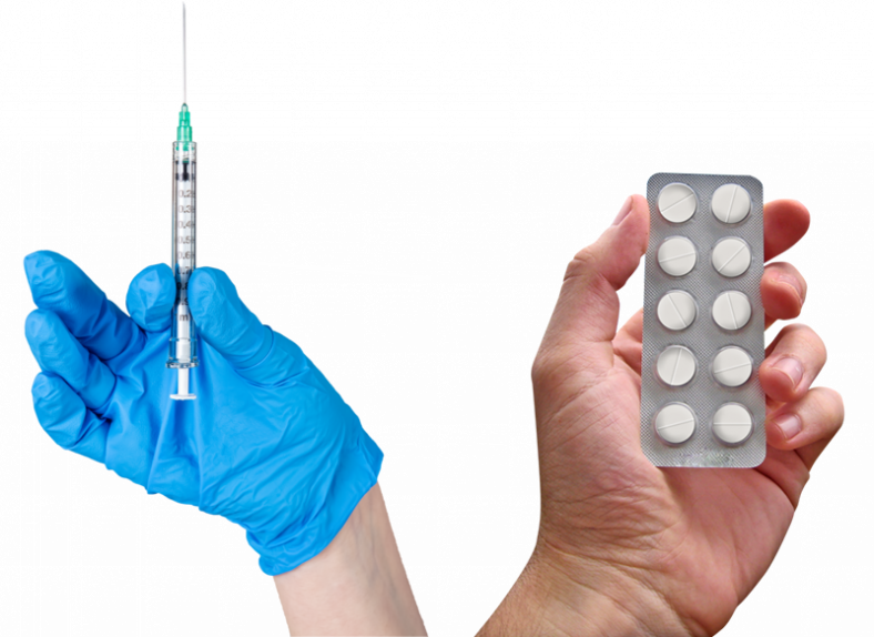 Easy Read image of gloved hand holding syringe and hand holding tablets