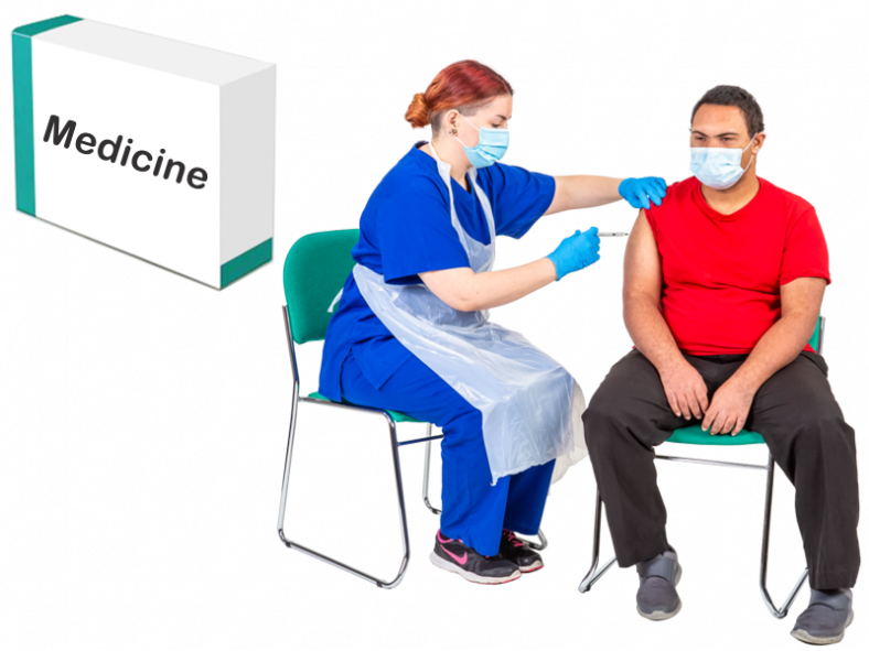 female health practitioner injecting male patient inset image shows medicine box