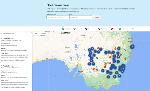 Screenshot of the nsw.gov.au flood recovery map