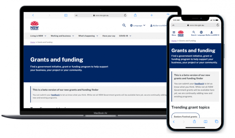 Grants and Funding Finder on laptop and phone