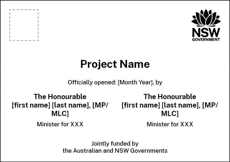 Template of plaque indicating joint funding from NSW and Federal Government