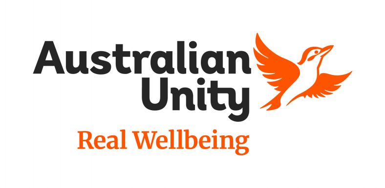 Text: Australian Unity Limited Real Wellbeing Image: Orange bird flying