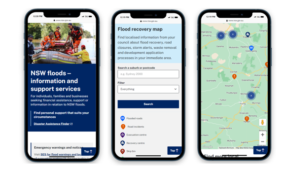 snapshot of 3 floods hub pages, on mobile devices