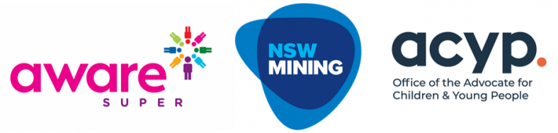 Logos for Aware Super, NSW Minerals Council and the Advocate for Children and Young People