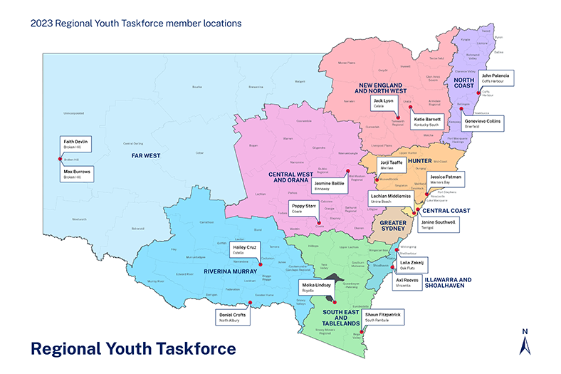 A map of New South Wales showing the regions and the youth representatives for each region