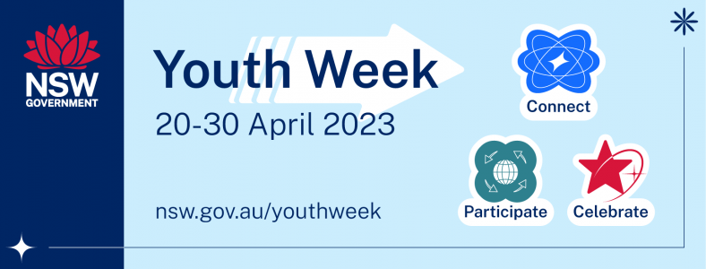 This is an illustrated image that is cropped to be used as a Facebook cover image. The image features the Youth Week 2023 logo, is on a blue background and reads "NSW Youth Week 2023. 20th to 30th April 2023. Connect Participate. Celebrate."