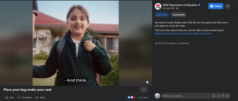 Facebook video screen shot of NSW Gov video titled 'Place your bag under your seat'.