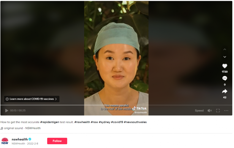 Screen shot of tiktok for NSW Health explaining how to write video supers (titles)