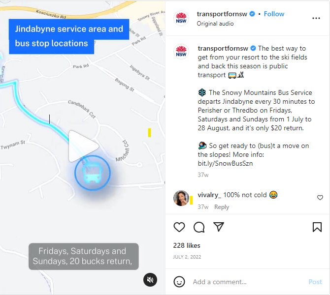 Screenshot of instagram video on Transport for NSW titled: Verified The best way to get from your resort to the ski fields and back this season is public transport