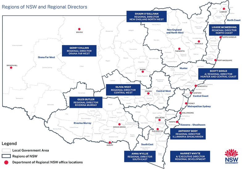 Map showing NSW regions such as Orana Far West, and the name of Regional Development Directors for each
