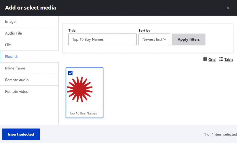 Screenshot of Media library Flourish tab 