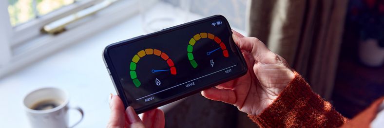 Person holding phone with energy metre displayed on screen