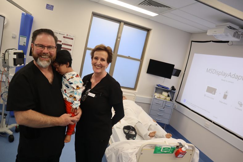 CREST Simulation Nurse Phil Cooper (holding Timmy the mannequin), CREST Manager and Senior Nurse Educator Gabrielle Arnold