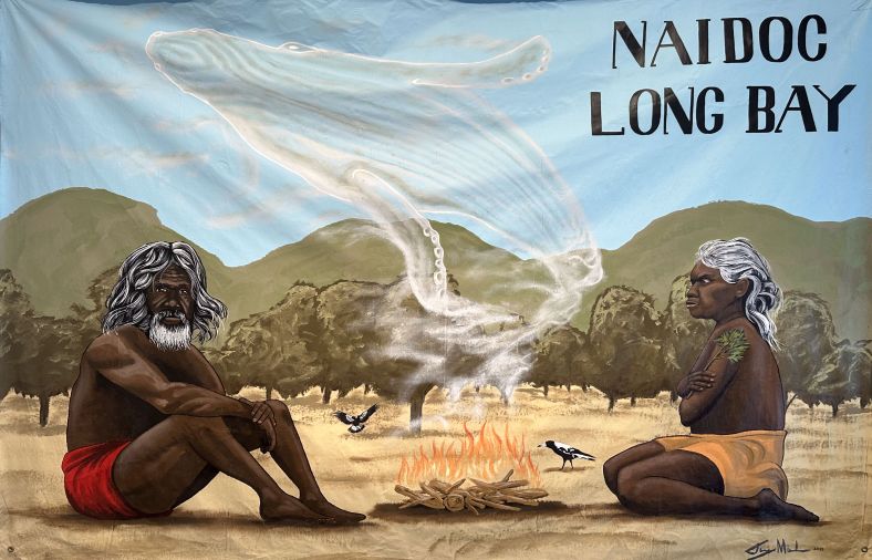 Painting of two seated figures in landscape with words NAIDOC Long Bay at top right.