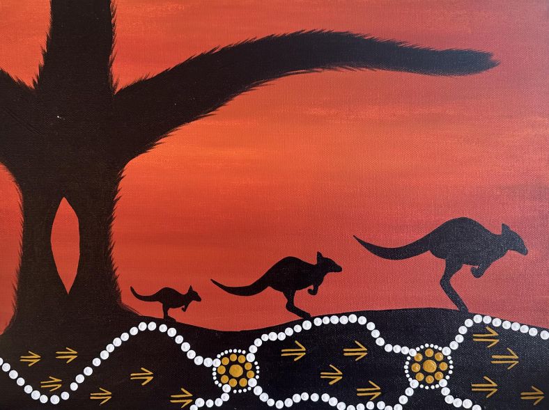 Painting of outline of three kangaroos on orange-red background.
