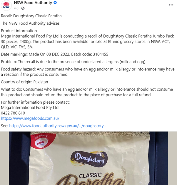 NSW Gov food authority post product recall of  Doughstory Classic Paratha