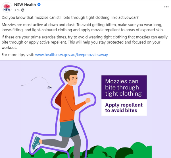 Social post with cartoon of man running in the bush and mozzies