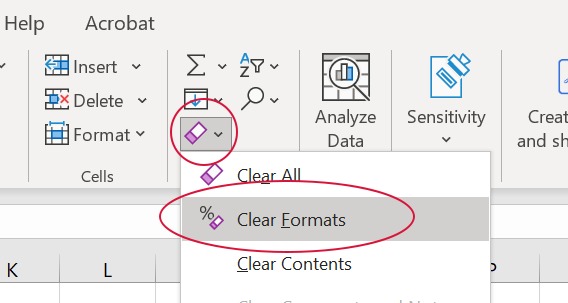 Screenshot of Excel clear format button