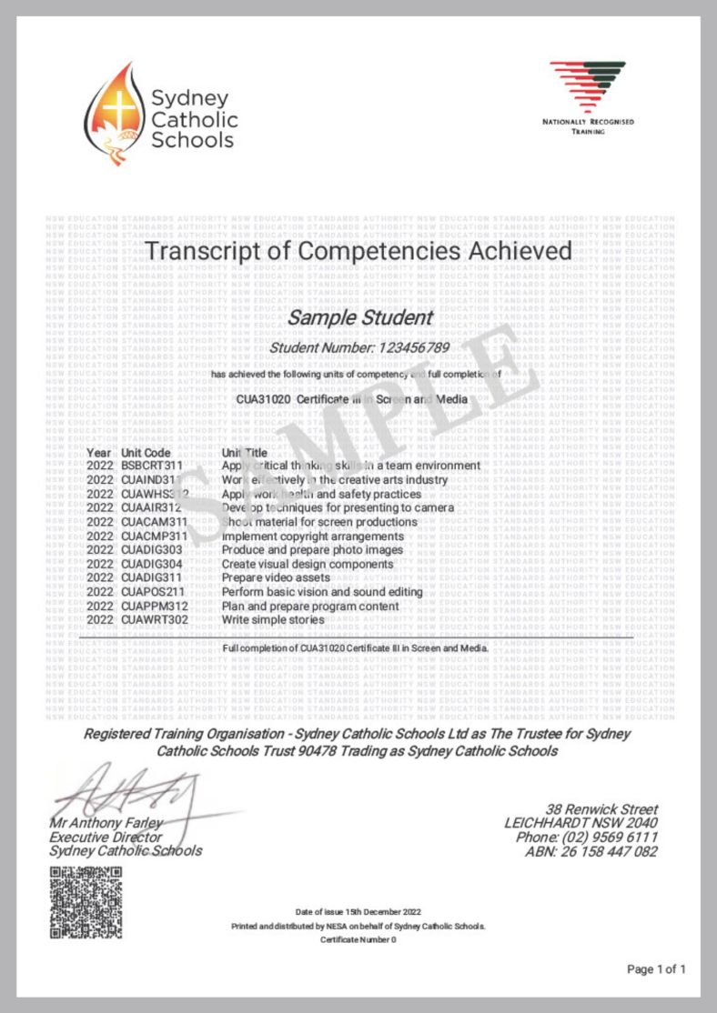 Sample VET certificate with transcript