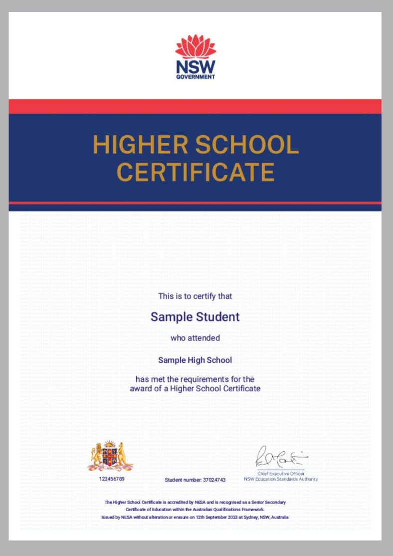 An image of a sample HSC certificate awarded with student's full name and high school