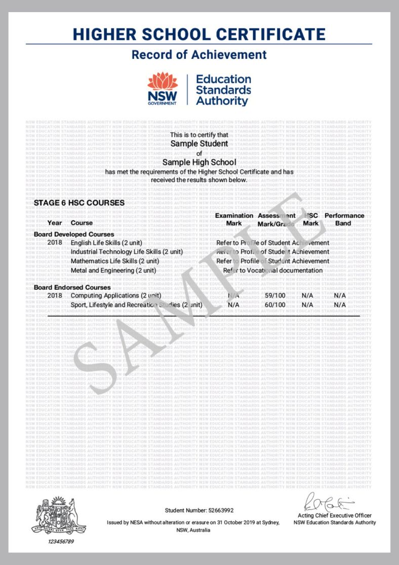 An image of a sample HSC certificate record of achievement for stage 6 HSC courses with life skills