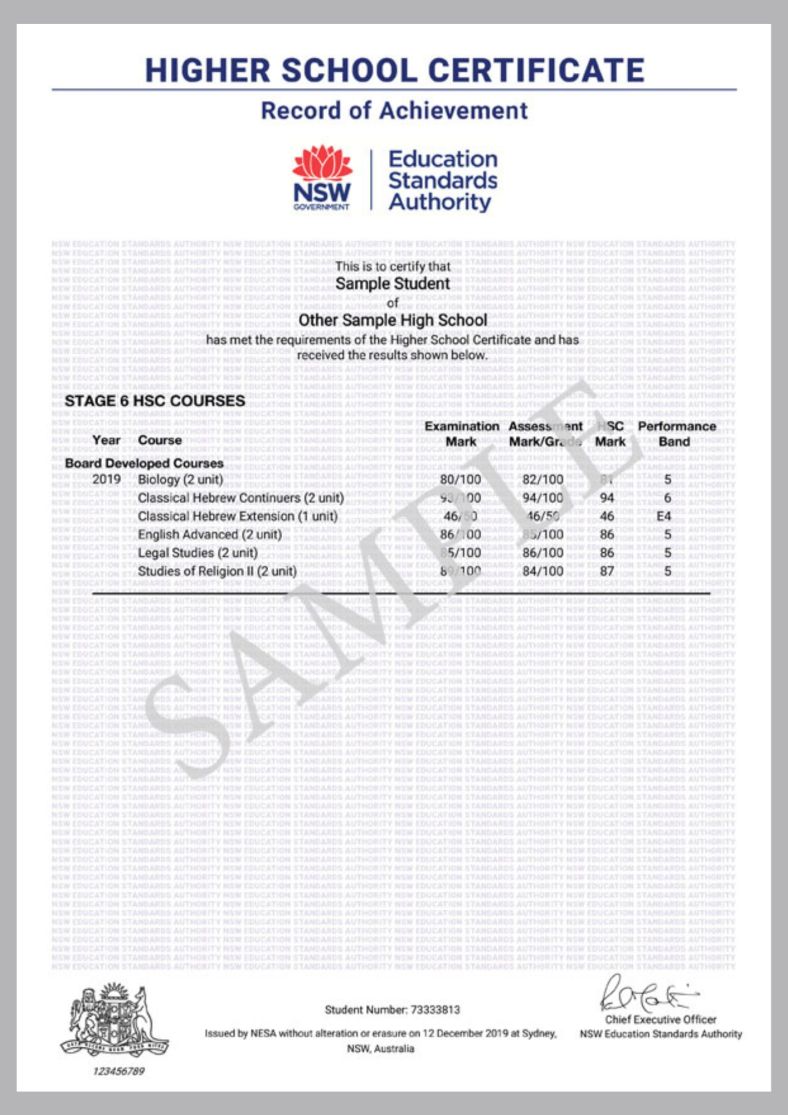 An image of a sample HSC certificate record of achievement for stage 6 HSC courses
