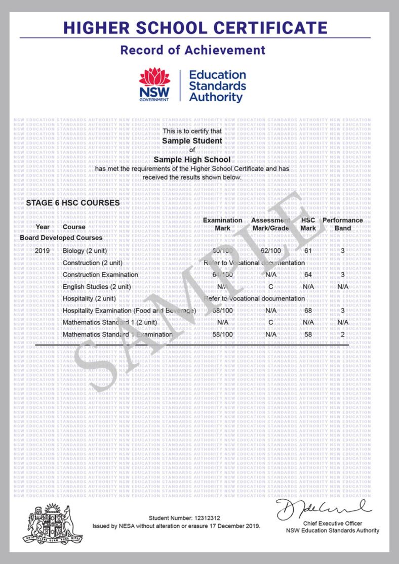 An image of a sample HSC certificate record of achievement for stage 6 courses with optional exams