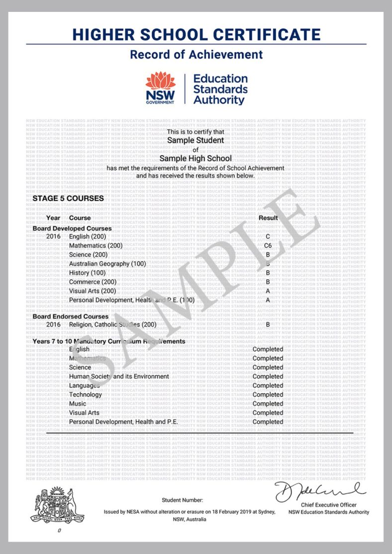 An image of a sample HSC certificate record of achievement for stage 5 courses