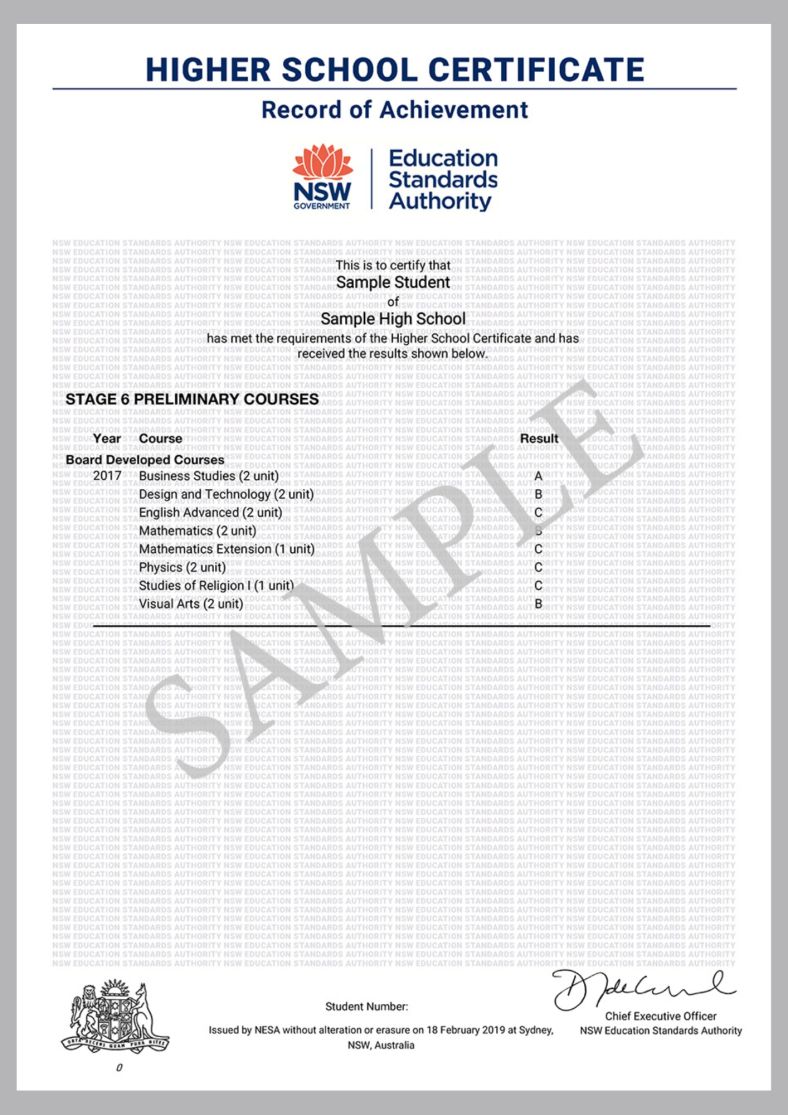An image of a sample HSC certificate record of achievement for stage 6 preliminary courses