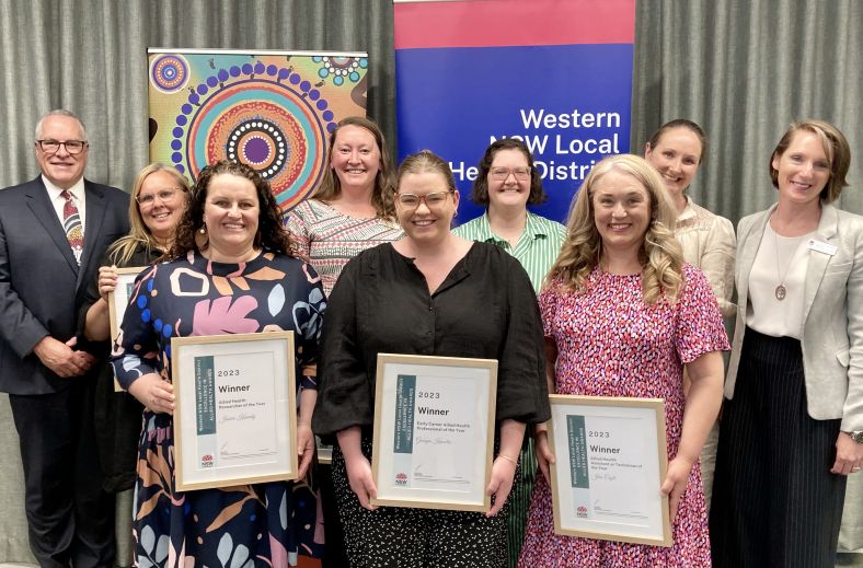 winners of WNSWLHD allied health awards show off their awards