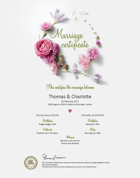 Floral Pink commemorative marriage certificate.