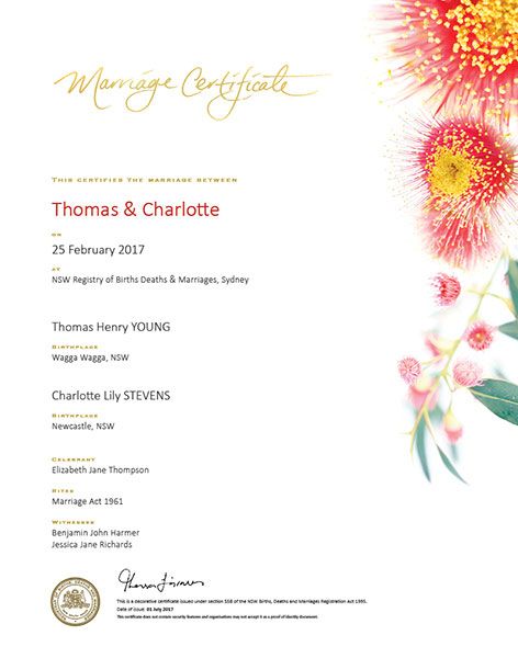 Floral red commemorative marriage certificate.