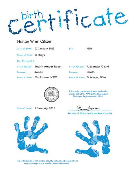 A commemorative birth certificate featuring blue handprints 