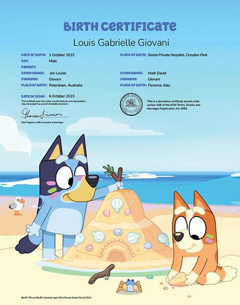 A commemorative birth certificate featuring Bluey and Bingo building a sandcastle at the beach