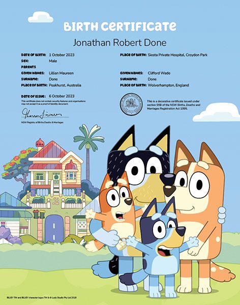 A commemorative birth certificate featuring the Heeler family standing in front of their family home