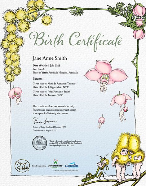 A commemorative birth certificate featuring a May Gibbs design with Boronia and Wattle