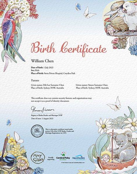 A commemorative birth certificate featuring a May Gibbs' design of flora and fauna  with 